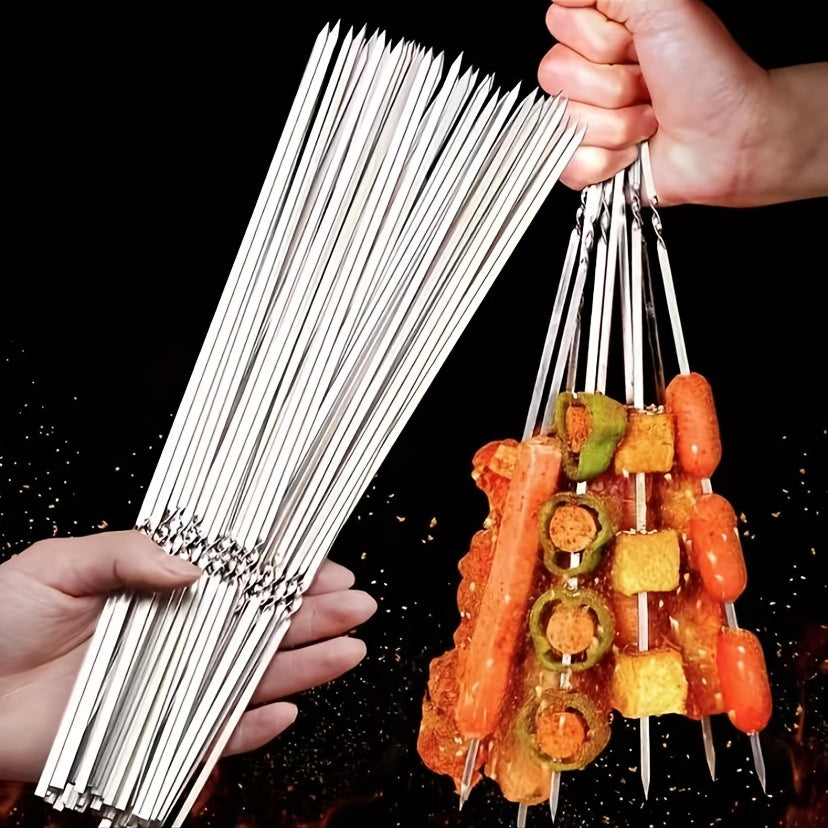 10pcs Stainless Steel Barbecue Skewer, Reusable BBQ Skewers Kebab Iron Stick For Outdoor Camping Picnic Tools, Cooking Tools, BBQ Grill Accessories Gadgets
