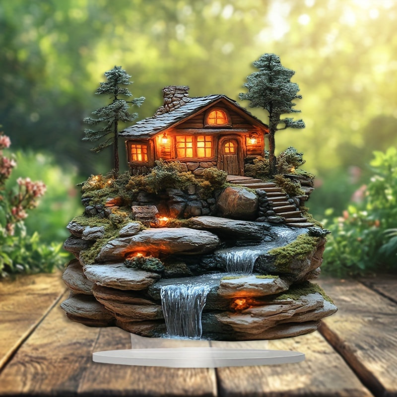 1 Bohemian Acrylic Mountain Cabin Decorative Sign with Waterfall - Desktop Display for Home and Office, Multipurpose Bohemian Decorative Plaque, Ideal Gift for All Occasions - No Text, Set of 1