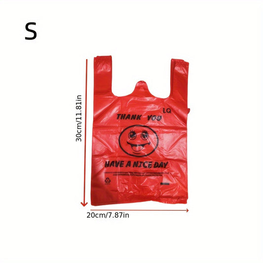 50pcs Red Plastic T-Shirt Bags with Smiley Thank You Design - Durable Retail Grocery Shopping Takeaway Bags for Food Takeaway and Fruit Packaging