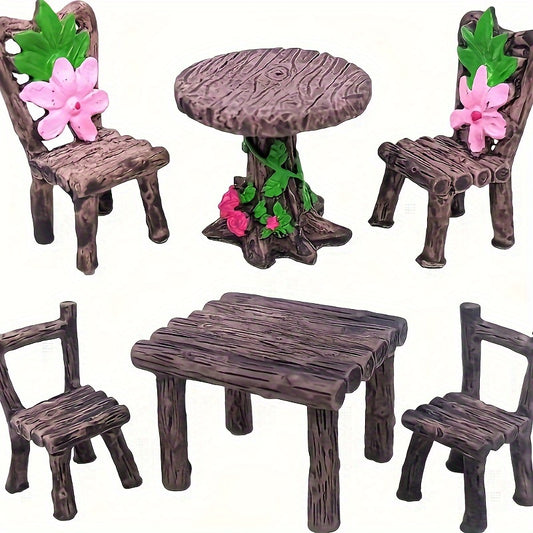 6-Piece Miniature Fairy Garden Furniture Set - Rustic Wood Table and Chairs with Floral Decorations, Vintage Yard Art Decor for Home and Outdoor Gardens