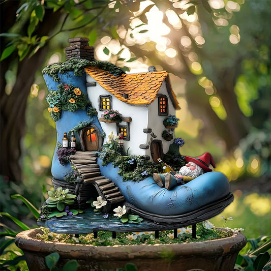 1pc Fairy Tale Boot House Garden Sculpture - Acrylic Bohemian Dwarf Decoration with LED Light, Magic Shoe Shaped Resin Statue for Indoor and Outdoor, Unique Birthday Gift