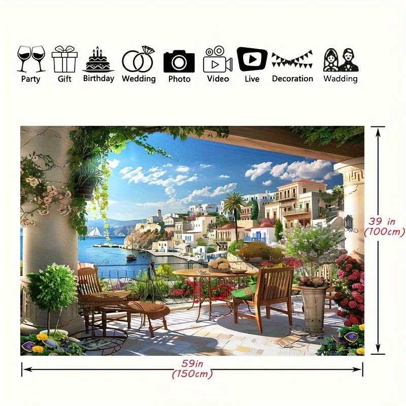 1pcs, Fabric Italian Photography Background Tuscany Garden Terrace Mediterranean Bay Coastal City Landscape Spring Flowers Roman Columns Italian Background Couple Adult Italian Photography Props