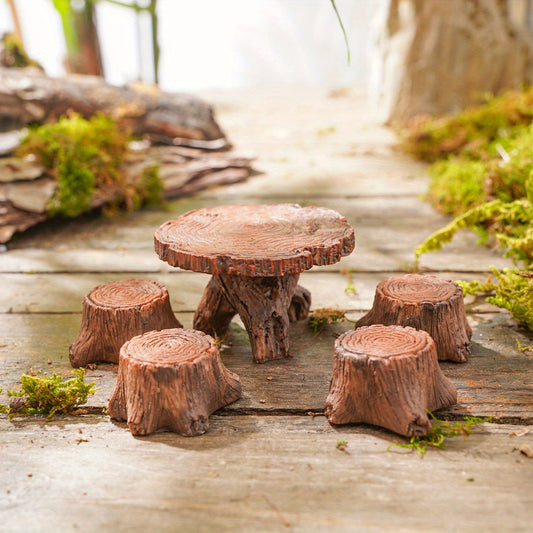 5-Piece Cute Miniature Fairy Garden Furniture Set, Resin Made Imitation Wood Table and Chairs, Hand-Painted Mini Figurines, Perfect for Garden Pots and Miniature Landscape Decorations