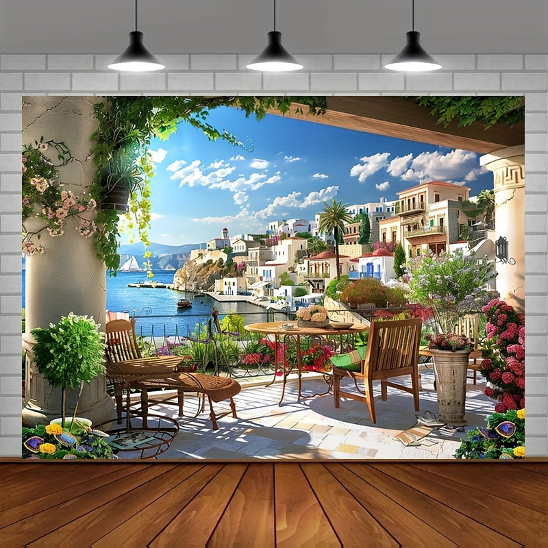 1pcs, Fabric Italian Photography Background Tuscany Garden Terrace Mediterranean Bay Coastal City Landscape Spring Flowers Roman Columns Italian Background Couple Adult Italian Photography Props