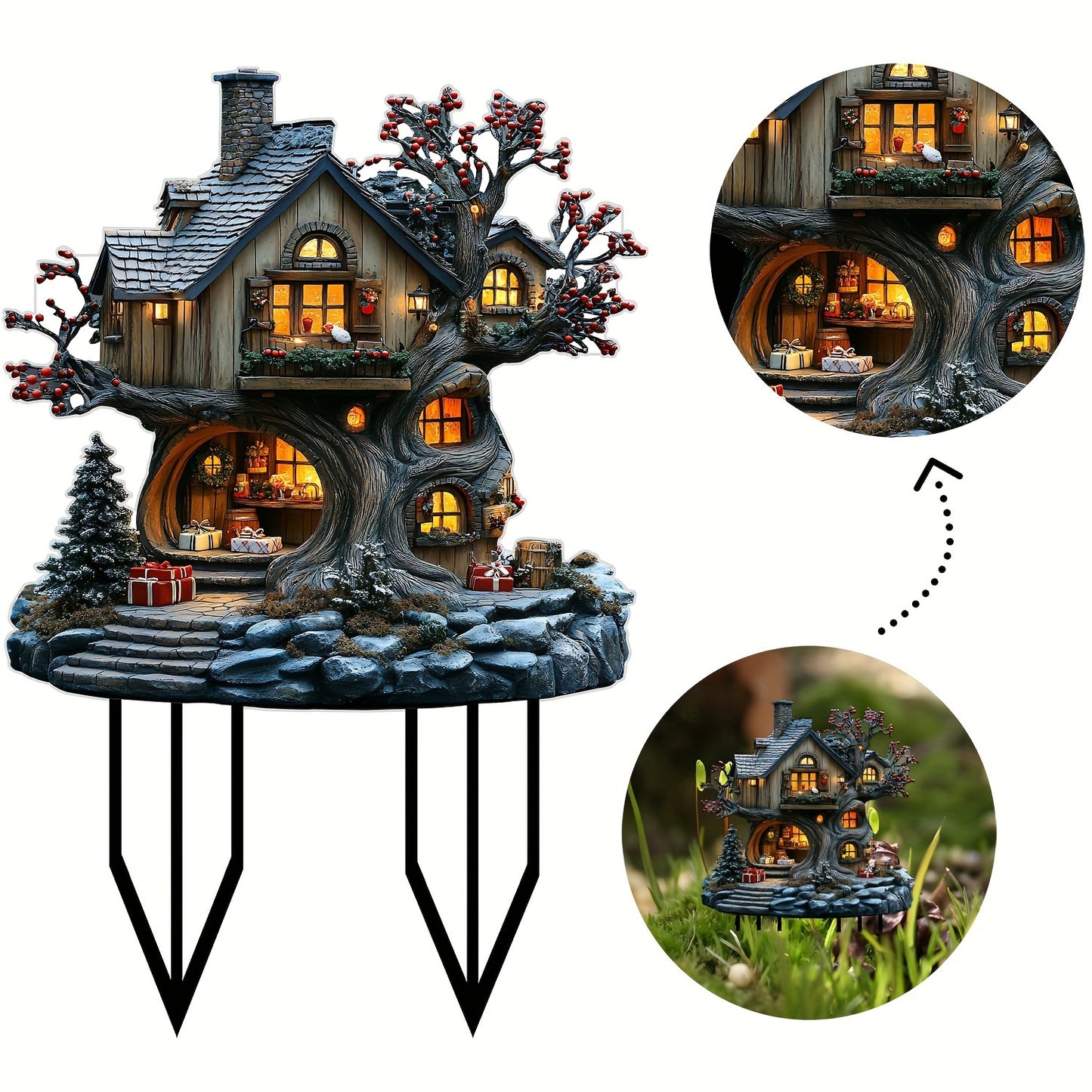 Charming Christmas Fairytale Acrylic Tree House Sculpture - Perfect garden and lawn decoration, ideal holiday party accessory and gift for good friends or new home
