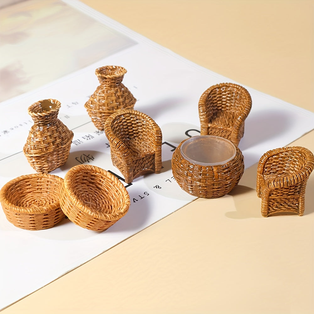 A set of small bamboo furniture, resin figurines for home decoration, small bamboo chair, dustpan, fish basket and bamboo pot.