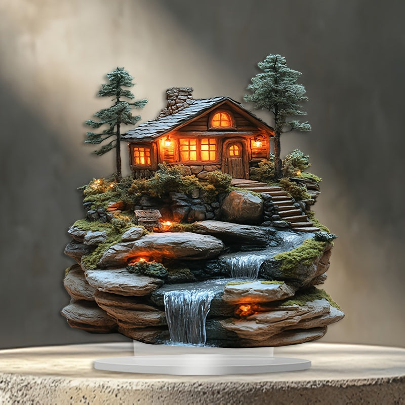 1 Bohemian Acrylic Mountain Cabin Decorative Sign with Waterfall - Desktop Display for Home and Office, Multipurpose Bohemian Decorative Plaque, Ideal Gift for All Occasions - No Text, Set of 1