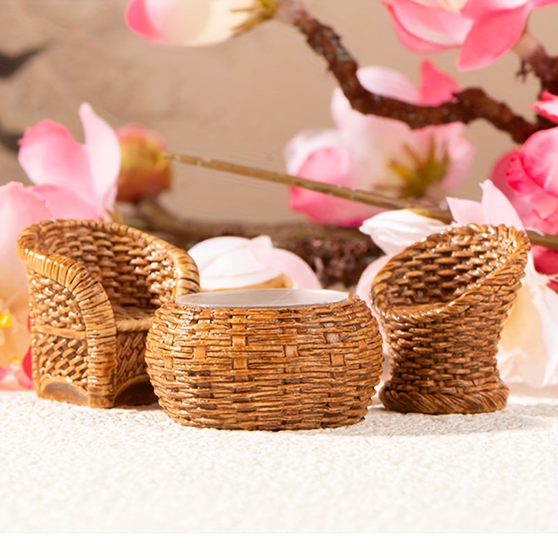 Set of 6 resin miniature figurines - Handcrafted bamboo chair, basket and jar - Multipurpose decoration for indoor and outdoor spaces - Versatile