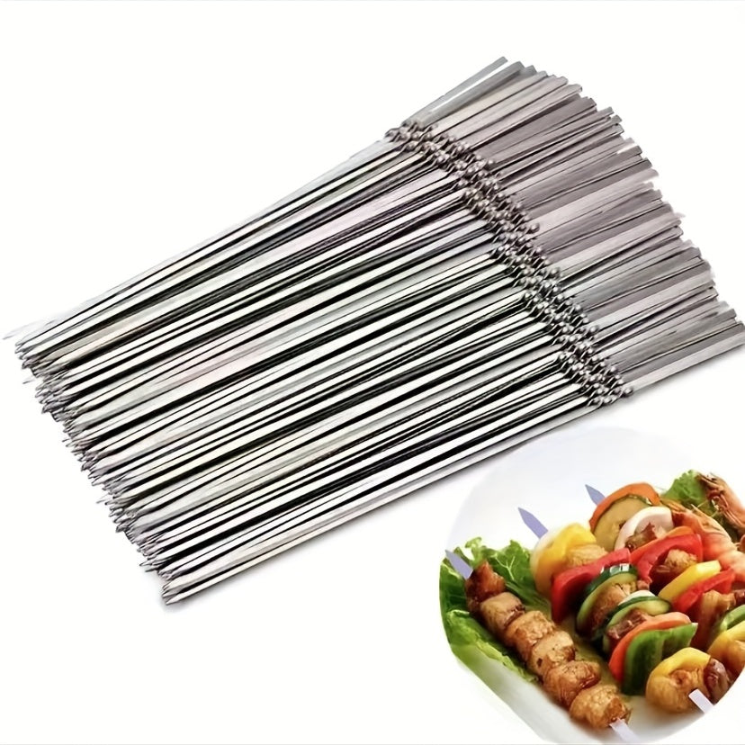 10pcs Stainless Steel Barbecue Skewer, Reusable BBQ Skewers Kebab Iron Stick For Outdoor Camping Picnic Tools, Cooking Tools, BBQ Grill Accessories Gadgets
