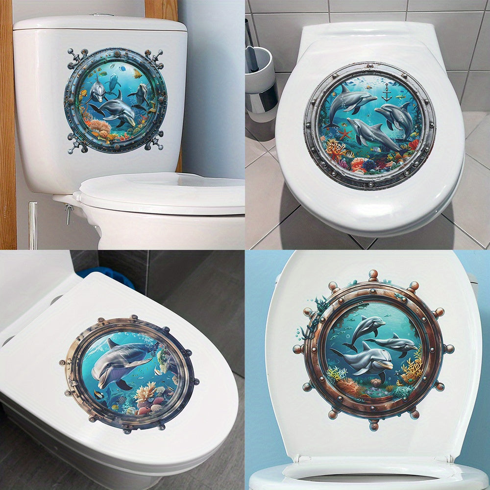 1 pc Whimsical Undersea World Toilet Decal - Waterproof PVC, Self-adhesive Bathroom Sticker with Dolphin and Whale Graphics for Home Decor