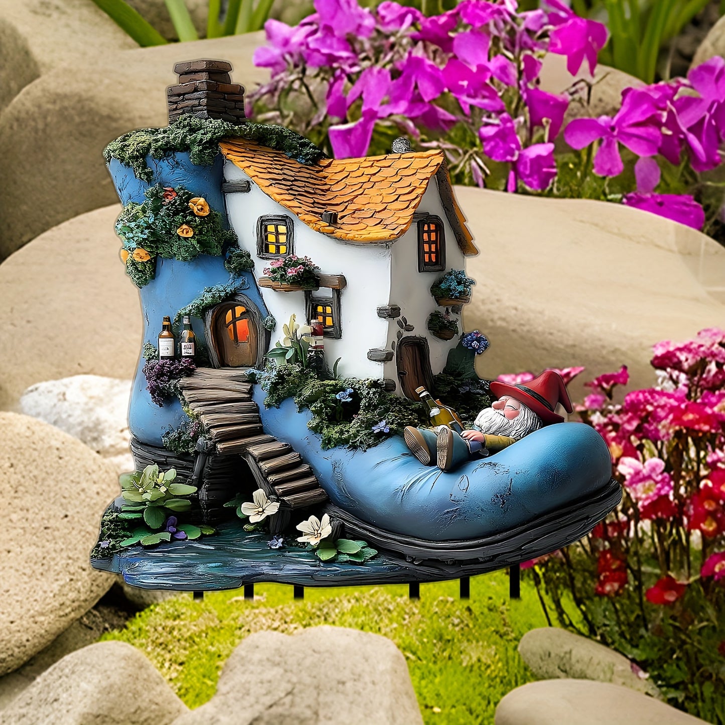 1pc Fairy Tale Boot House Garden Sculpture - Acrylic Bohemian Dwarf Decoration with LED Light, Magic Shoe Shaped Resin Statue for Indoor and Outdoor, Unique Birthday Gift