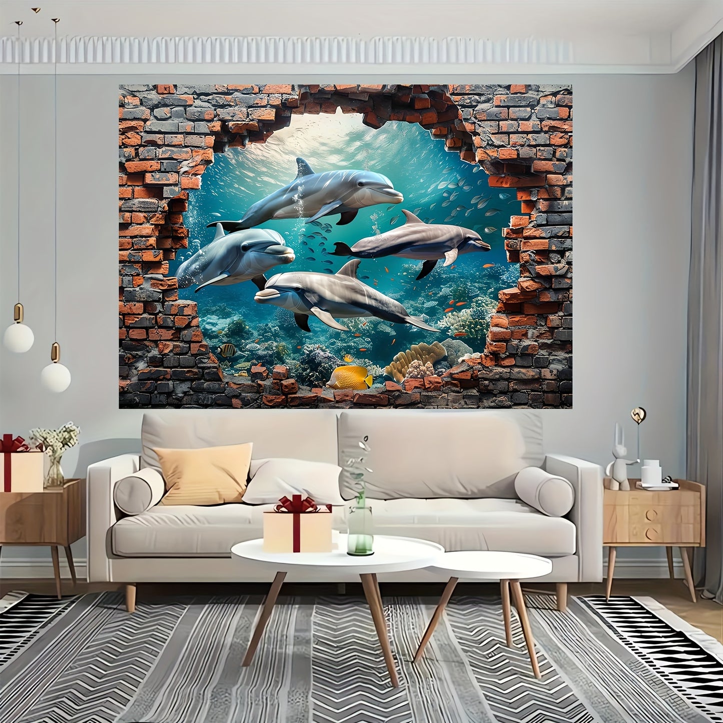 1pc Underwater World Shark and Dolphin Photography Backdrop - Polyester Coral Seaweed Red Brick Wall Painting for Summer Holidays, Room Decoration, Photo Booth,