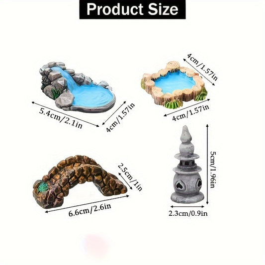 Set of 4, Resin Garden Decorative Statues, Classic Style Mini Bridge, Lighthouse, Water Well, Pond Lawn Ornaments, Indoor and Outdoor Decorations, DIY Crafts, No Power Required, Suitable for Christmas Home Decor