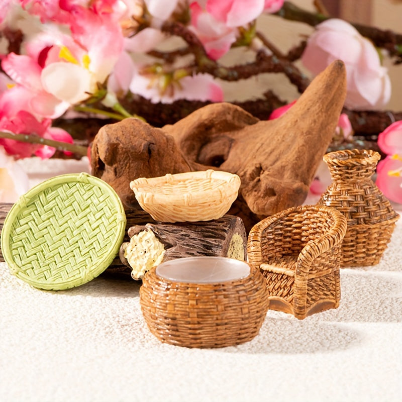 Set of 6 resin miniature figurines - Handcrafted bamboo chair, basket and jar - Multipurpose decoration for indoor and outdoor spaces - Versatile