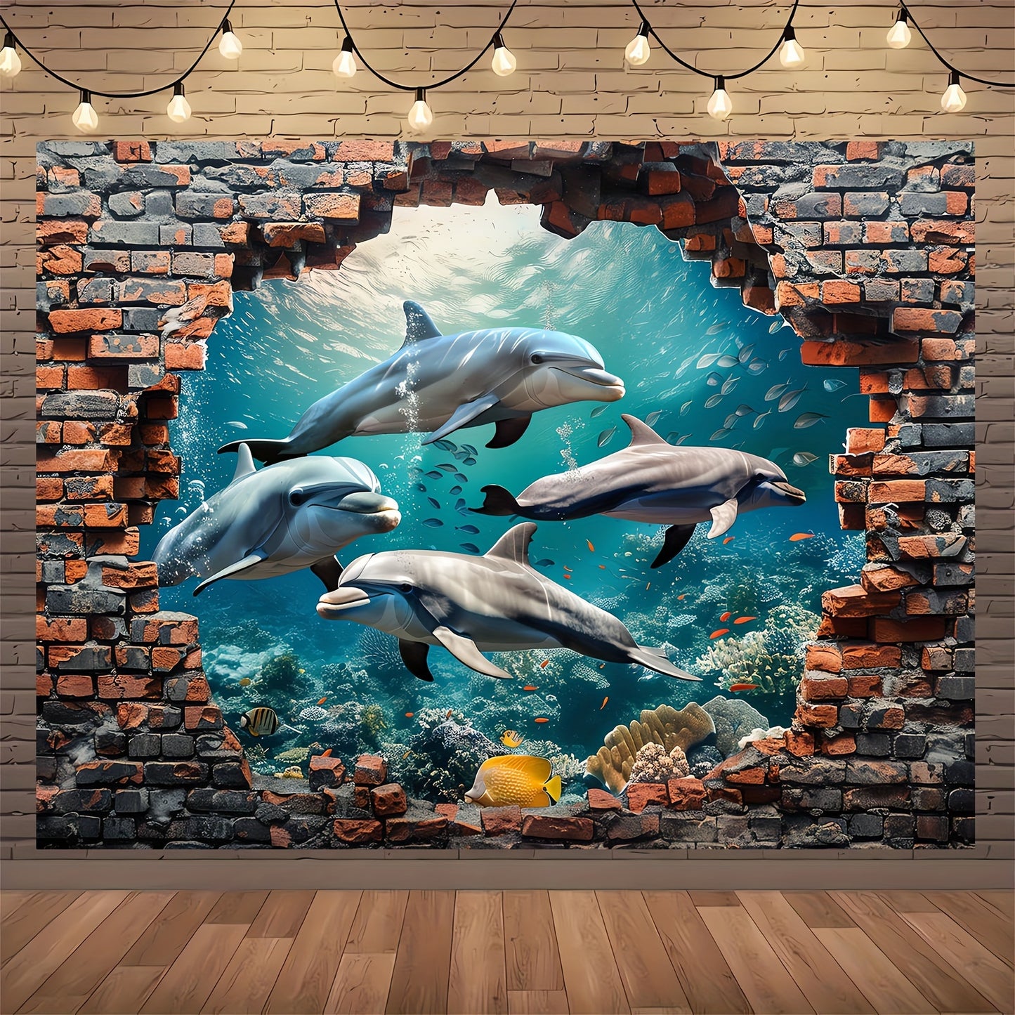 1pc Underwater World Shark and Dolphin Photography Backdrop - Polyester Coral Seaweed Red Brick Wall Painting for Summer Holidays, Room Decoration, Photo Booth,