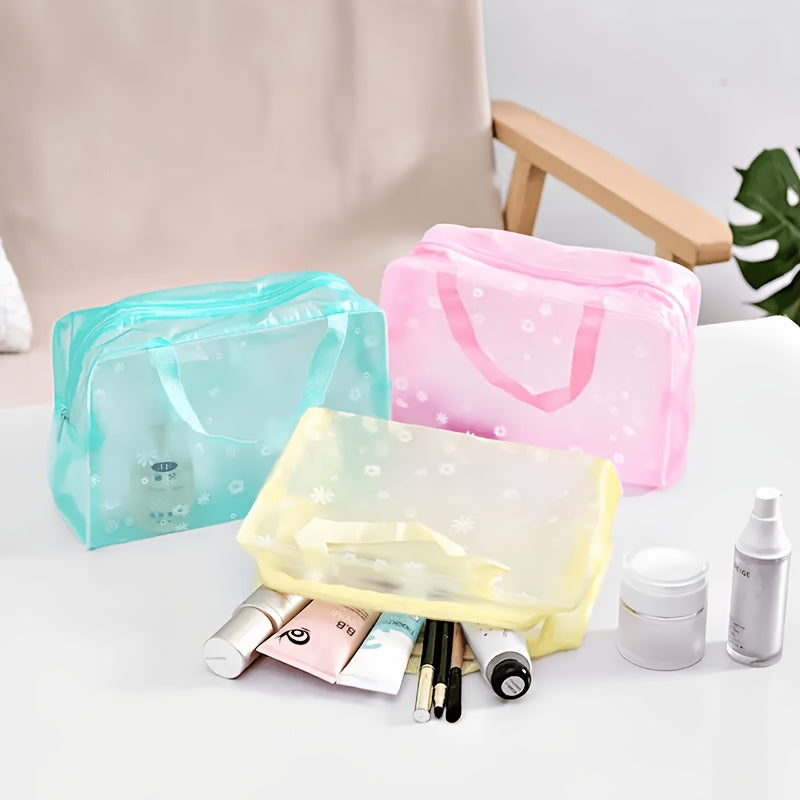 5pcs Floral PVC Waterproof Makeup & Toiletry Bag Set - Foldable, Stain-Resistant with Zip Closure and Dual Handles - Perfect for Travel & Home Organization, Blue