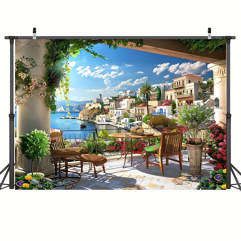 1pcs, Fabric Italian Photography Background Tuscany Garden Terrace Mediterranean Bay Coastal City Landscape Spring Flowers Roman Columns Italian Background Couple Adult Italian Photography Props