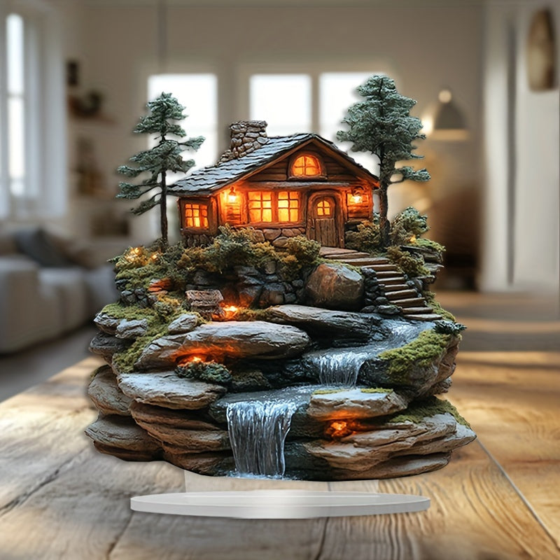 1 Bohemian Acrylic Mountain Cabin Decorative Sign with Waterfall - Desktop Display for Home and Office, Multipurpose Bohemian Decorative Plaque, Ideal Gift for All Occasions - No Text, Set of 1