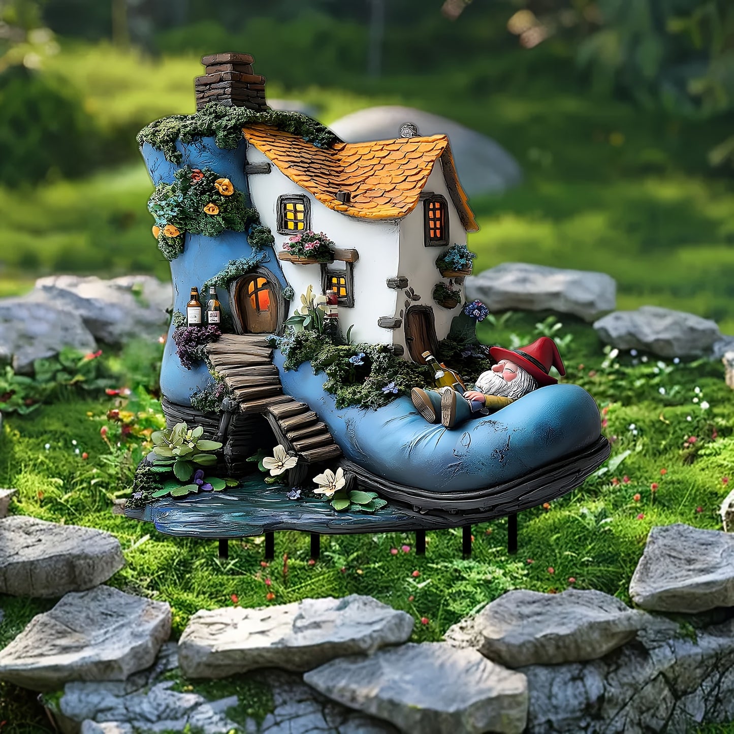 1pc Fairy Tale Boot House Garden Sculpture - Acrylic Bohemian Dwarf Decoration with LED Light, Magic Shoe Shaped Resin Statue for Indoor and Outdoor, Unique Birthday Gift