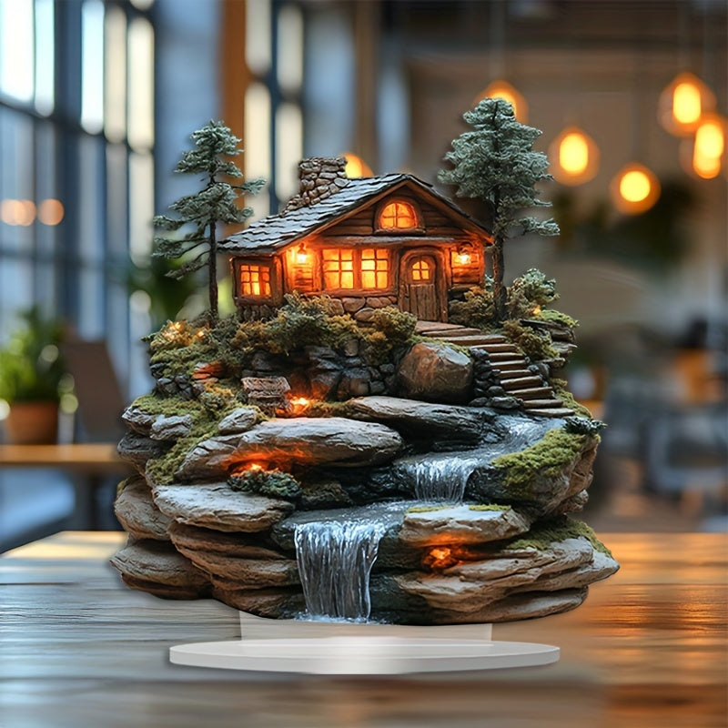 1 Bohemian Acrylic Mountain Cabin Decorative Sign with Waterfall - Desktop Display for Home and Office, Multipurpose Bohemian Decorative Plaque, Ideal Gift for All Occasions - No Text, Set of 1