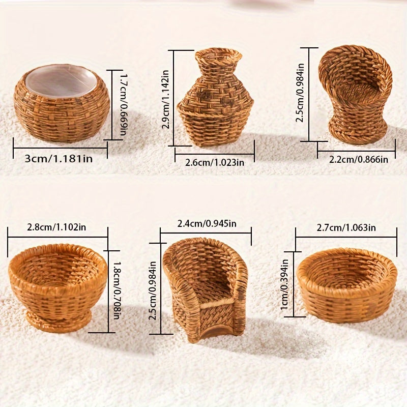 Set of 6 resin miniature figurines - Handcrafted bamboo chair, basket and jar - Multipurpose decoration for indoor and outdoor spaces - Versatile