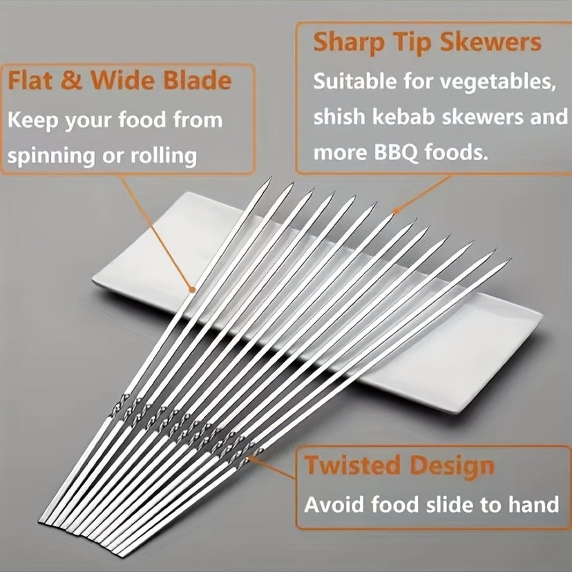 10pcs Stainless Steel Barbecue Skewer, Reusable BBQ Skewers Kebab Iron Stick For Outdoor Camping Picnic Tools, Cooking Tools, BBQ Grill Accessories Gadgets