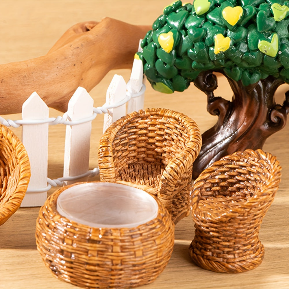 A set of small bamboo furniture, resin figurines for home decoration, small bamboo chair, dustpan, fish basket and bamboo pot.