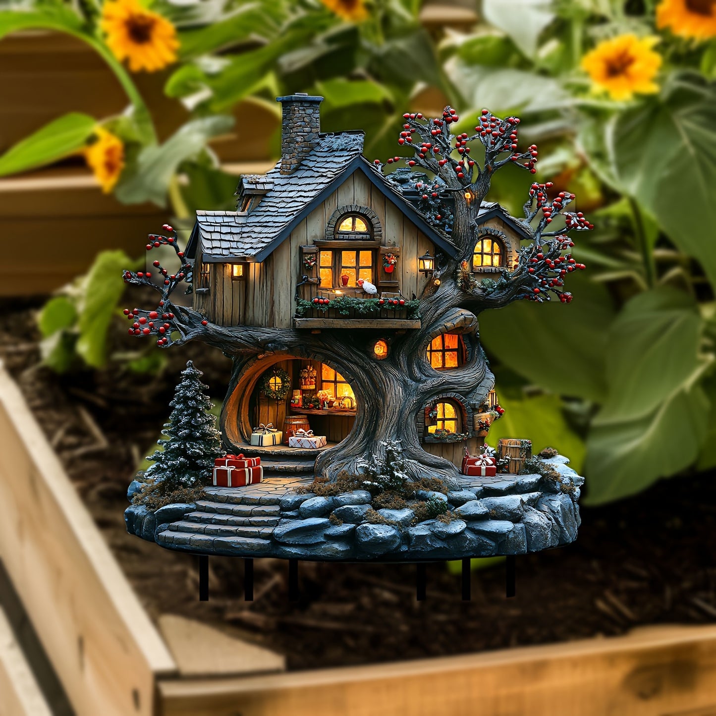 Charming Christmas Fairytale Acrylic Tree House Sculpture - Perfect garden and lawn decoration, ideal holiday party accessory and gift for good friends or new home