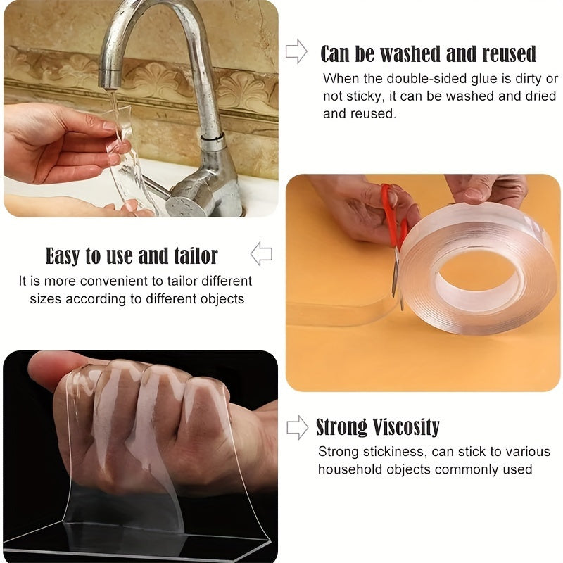 1 Roll of XStrong Reusable Double-Sided Tape, Heavy-Duty Transparent Nano Adhesive Strip, No Residue Washable Tape for Home, Office, and Car Use - Multi-Purpose Removable Mounting Tape