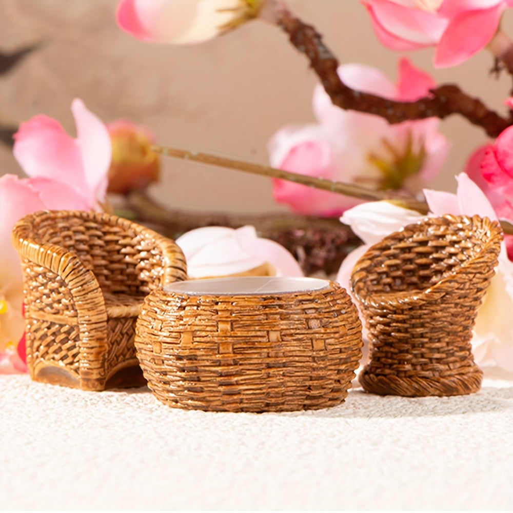 A set of small bamboo furniture, resin figurines for home decoration, small bamboo chair, dustpan, fish basket and bamboo pot.