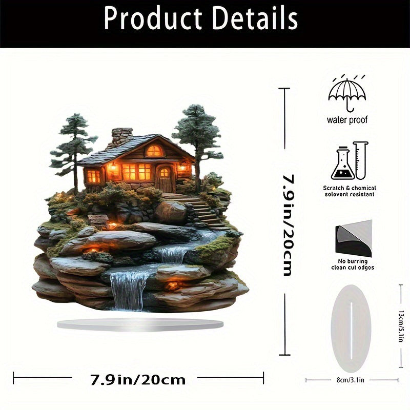 1 Bohemian Acrylic Mountain Cabin Decorative Sign with Waterfall - Desktop Display for Home and Office, Multipurpose Bohemian Decorative Plaque, Ideal Gift for All Occasions - No Text, Set of 1