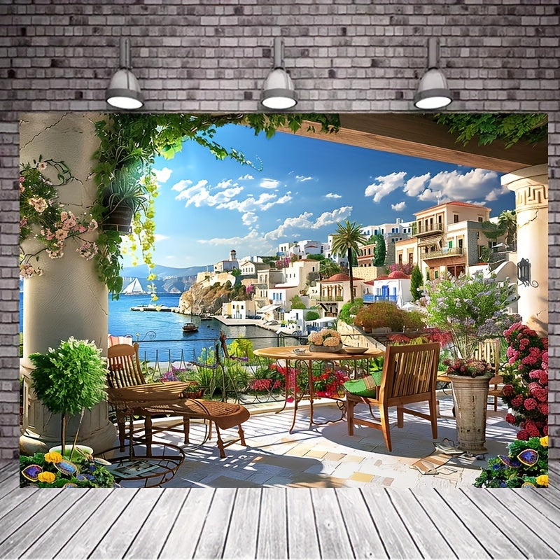 1pcs, Fabric Italian Photography Background Tuscany Garden Terrace Mediterranean Bay Coastal City Landscape Spring Flowers Roman Columns Italian Background Couple Adult Italian Photography Props