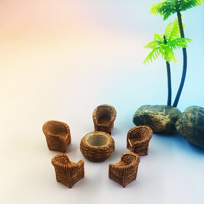 Set of 6 resin miniature figurines - Handcrafted bamboo chair, basket and jar - Multipurpose decoration for indoor and outdoor spaces - Versatile