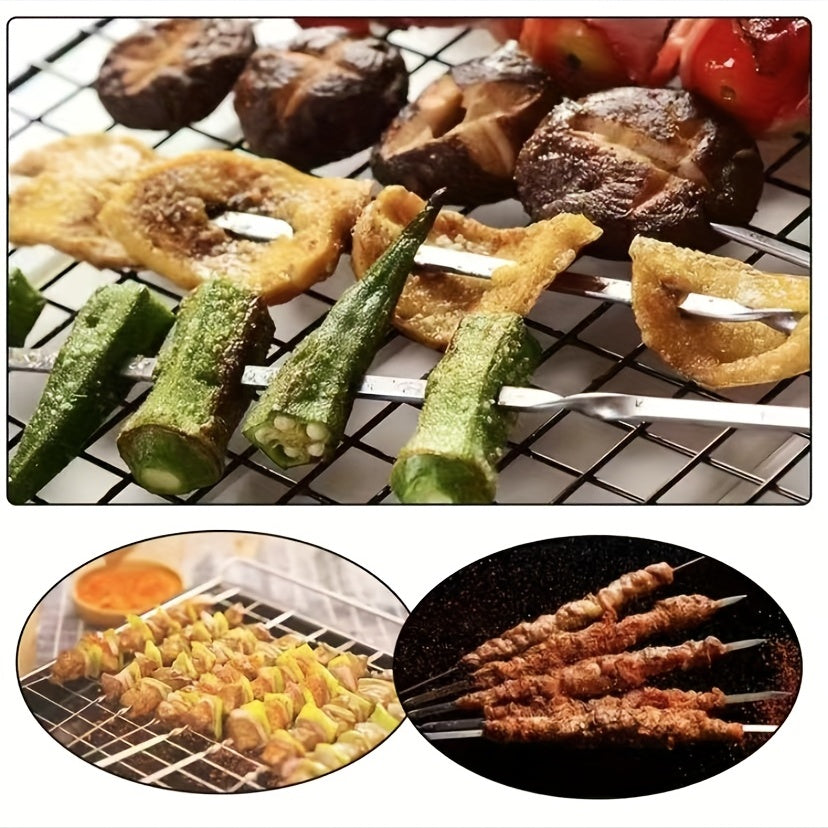 10pcs Stainless Steel Barbecue Skewer, Reusable BBQ Skewers Kebab Iron Stick For Outdoor Camping Picnic Tools, Cooking Tools, BBQ Grill Accessories Gadgets