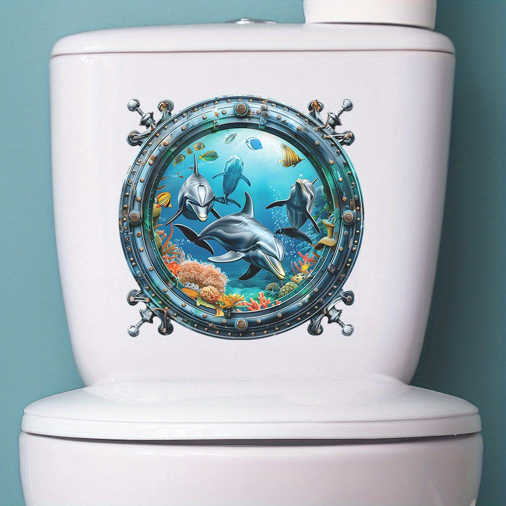 1 pc Whimsical Undersea World Toilet Decal - Waterproof PVC, Self-adhesive Bathroom Sticker with Dolphin and Whale Graphics for Home Decor