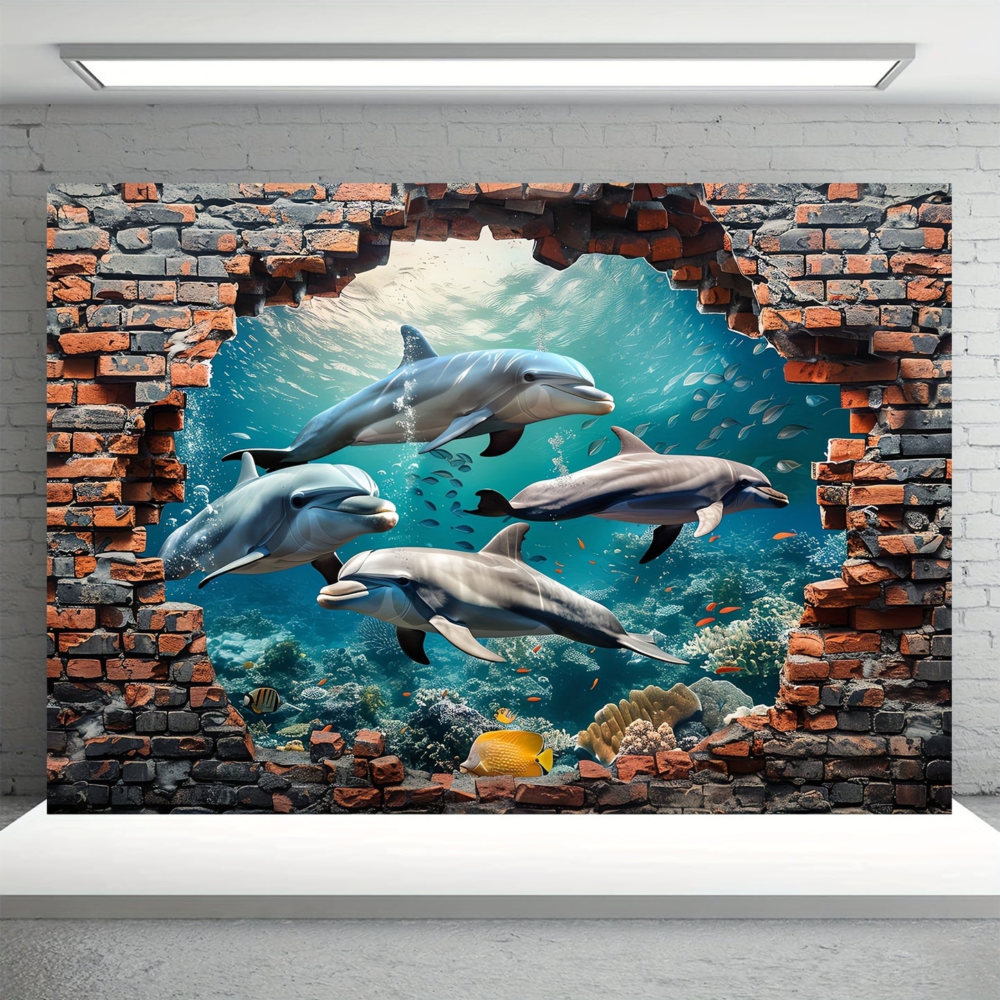 1pc Underwater World Shark and Dolphin Photography Backdrop - Polyester Coral Seaweed Red Brick Wall Painting for Summer Holidays, Room Decoration, Photo Booth,