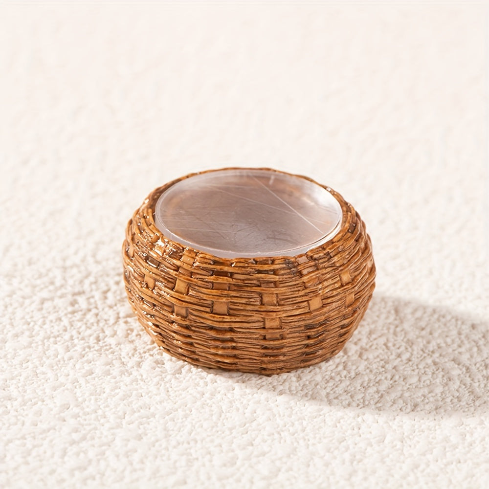 A set of small bamboo furniture, resin figurines for home decoration, small bamboo chair, dustpan, fish basket and bamboo pot.