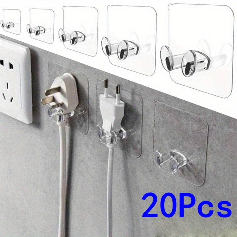 20 Clear Wall Mount Utility Hooks, Easy-to-install Punch-Free Electrical Socket Holders, Fashion Style Plastic Adhesive Hooks for Kitchen, Bathroom, Office Storage