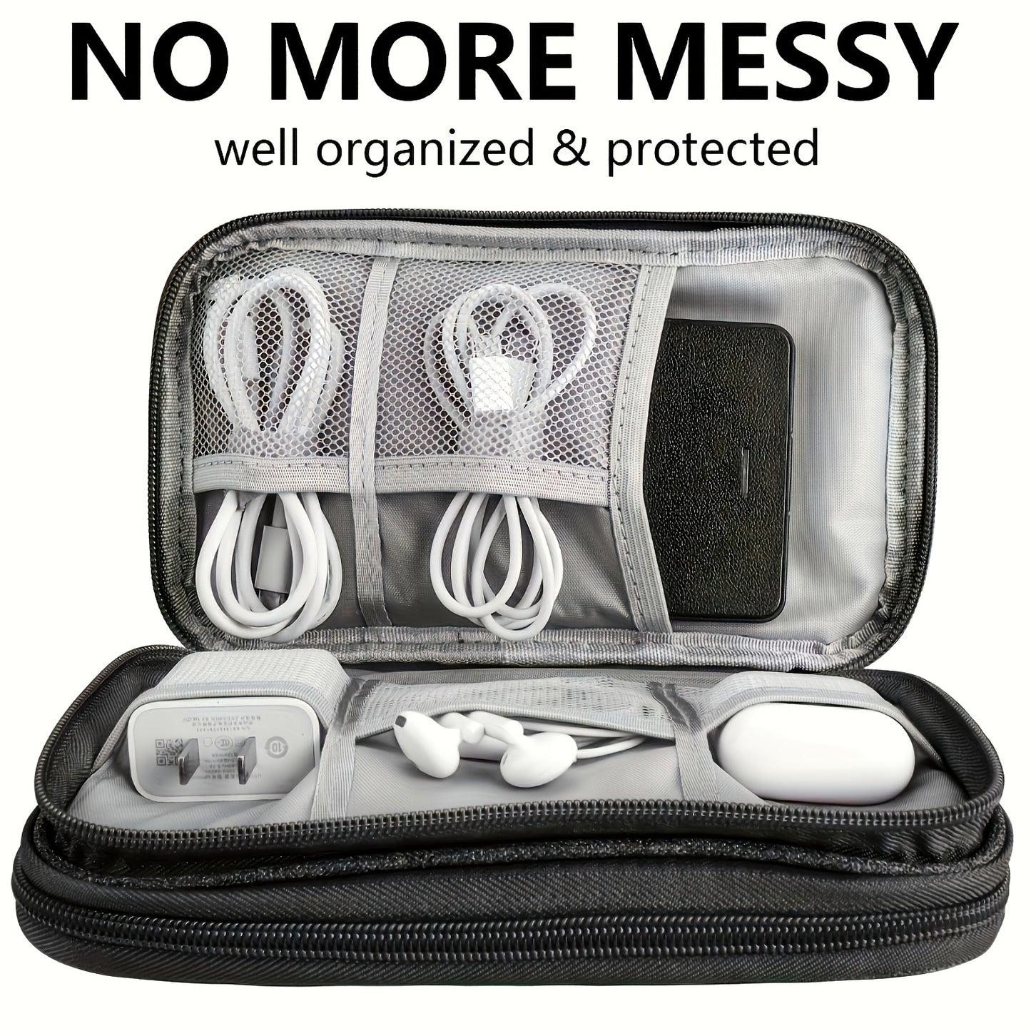 1 Dual Layer Electronic Accessories Organizer with 8 Compartments Waterproof Travel Organizer for Chargers, Cables, Headphones, USB Drives - Durable Fabric, Hand Washable/Dry Cleanable