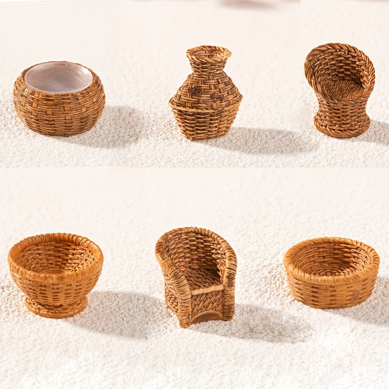 Set of 6 resin miniature figurines - Handcrafted bamboo chair, basket and jar - Multipurpose decoration for indoor and outdoor spaces - Versatile