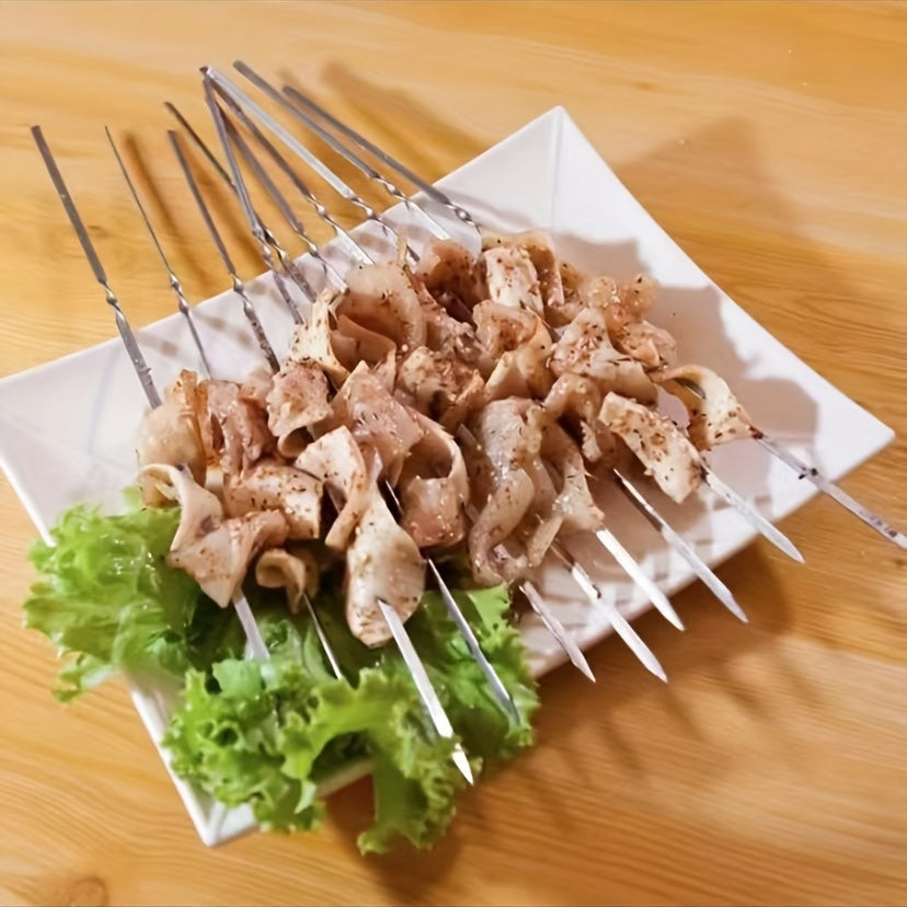 10pcs Stainless Steel Barbecue Skewer, Reusable BBQ Skewers Kebab Iron Stick For Outdoor Camping Picnic Tools, Cooking Tools, BBQ Grill Accessories Gadgets