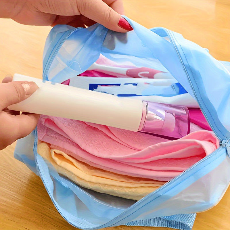 5pcs Floral PVC Waterproof Makeup & Toiletry Bag Set - Foldable, Stain-Resistant with Zip Closure and Dual Handles - Perfect for Travel & Home Organization, Blue