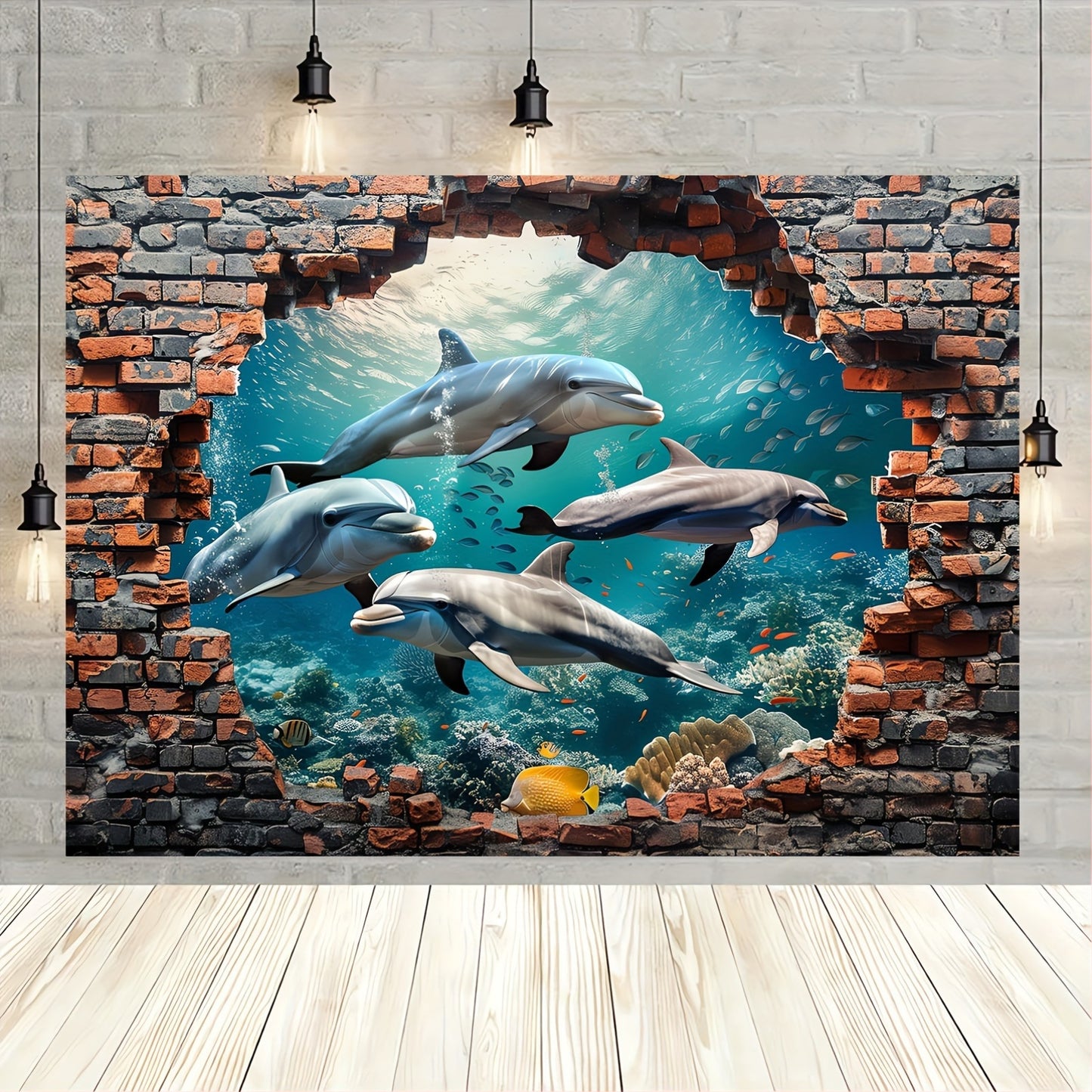 1pc Underwater World Shark and Dolphin Photography Backdrop - Polyester Coral Seaweed Red Brick Wall Painting for Summer Holidays, Room Decoration, Photo Booth,