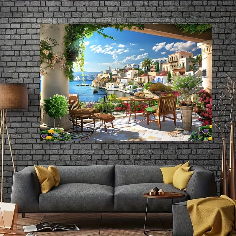 1pcs, Fabric Italian Photography Background Tuscany Garden Terrace Mediterranean Bay Coastal City Landscape Spring Flowers Roman Columns Italian Background Couple Adult Italian Photography Props