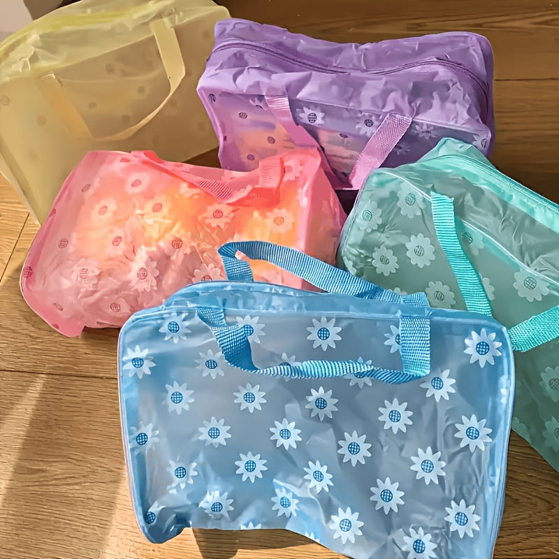 5pcs Floral PVC Waterproof Makeup & Toiletry Bag Set - Foldable, Stain-Resistant with Zip Closure and Dual Handles - Perfect for Travel & Home Organization, Blue