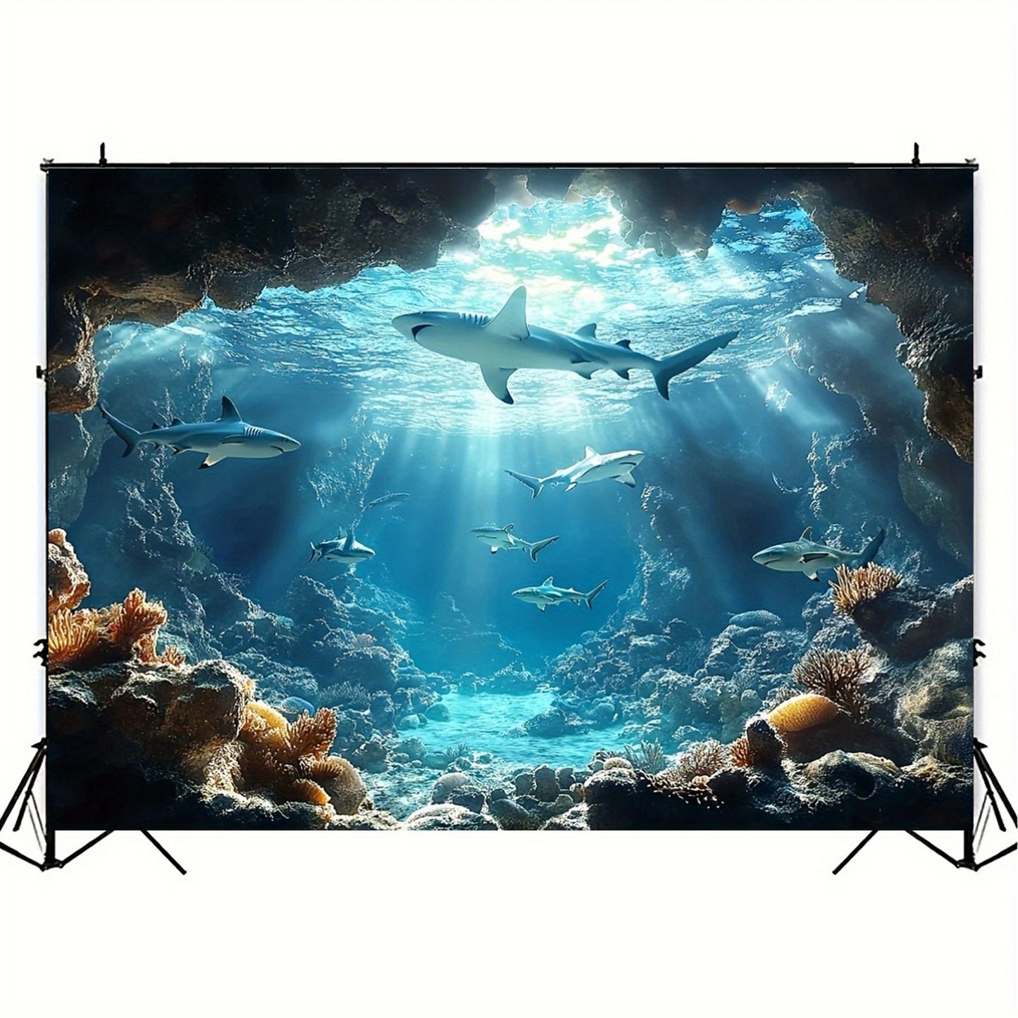 Underwater Sea Life Polyester Backdrop, Ocean Shark Coral Fish Wall Decor for Birthday and Bachelorette Parties | Non-Motorized, Multipurpose Banner for General Celebrations