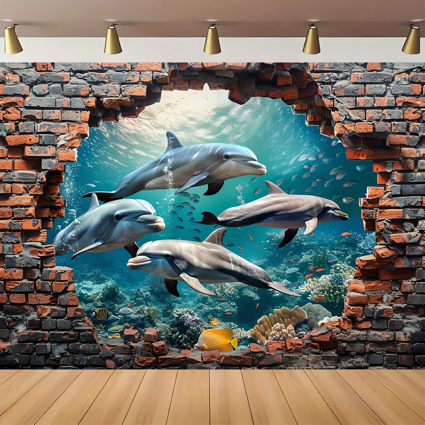 1pc Underwater World Shark and Dolphin Photography Backdrop - Polyester Coral Seaweed Red Brick Wall Painting for Summer Holidays, Room Decoration, Photo Booth,