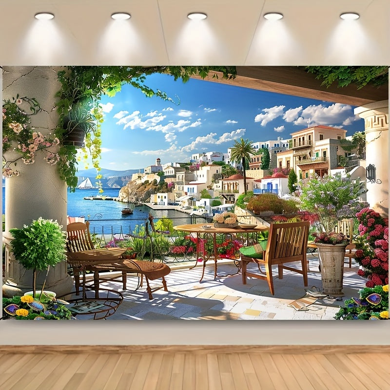 1pcs, Fabric Italian Photography Background Tuscany Garden Terrace Mediterranean Bay Coastal City Landscape Spring Flowers Roman Columns Italian Background Couple Adult Italian Photography Props