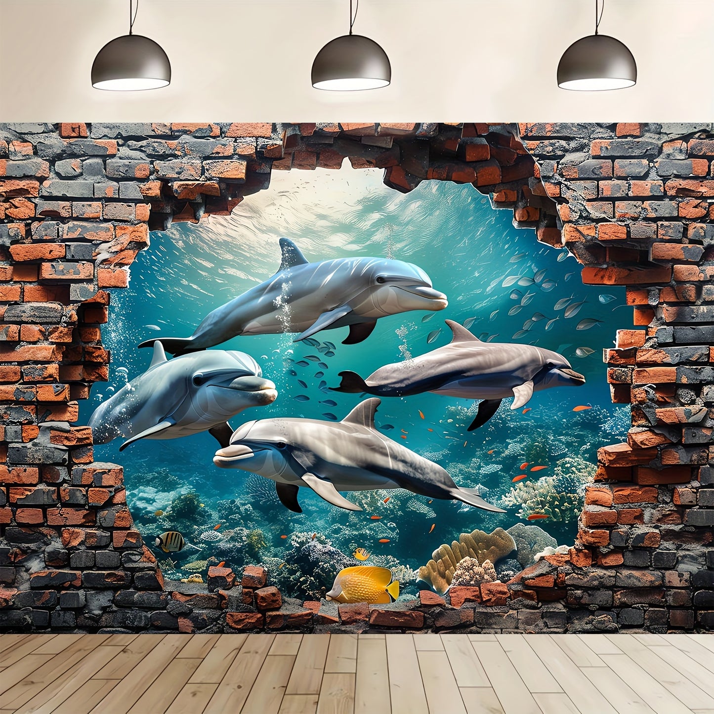 1pc Underwater World Shark and Dolphin Photography Backdrop - Polyester Coral Seaweed Red Brick Wall Painting for Summer Holidays, Room Decoration, Photo Booth,