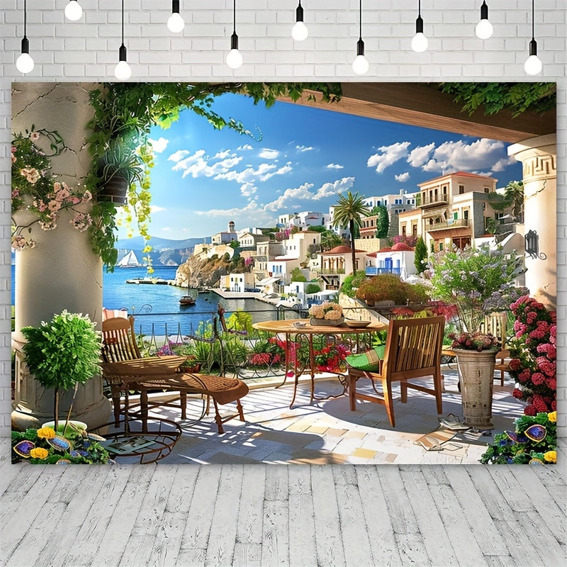 1pcs, Fabric Italian Photography Background Tuscany Garden Terrace Mediterranean Bay Coastal City Landscape Spring Flowers Roman Columns Italian Background Couple Adult Italian Photography Props